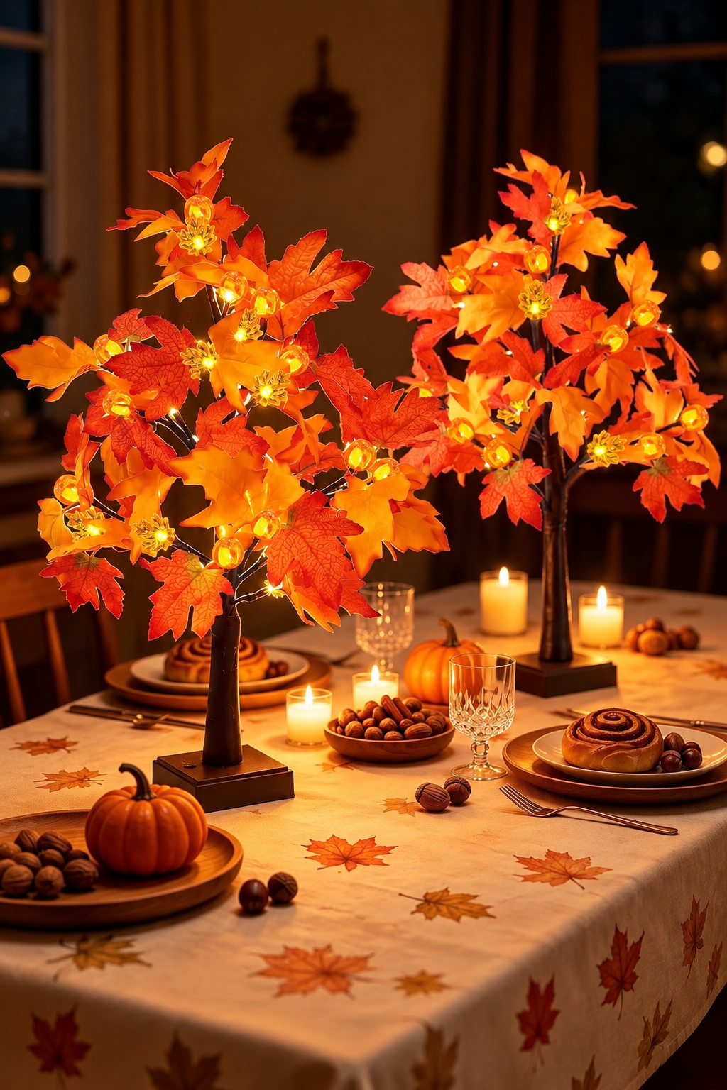 Illuminated autumn maple trees with orange and red leaves and warm glowing lights, displayed as fall event décor.