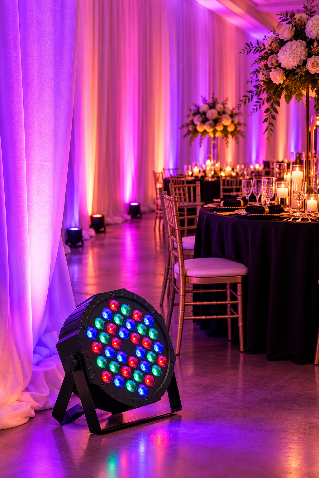 Elegant formal dinner party with colorful LED uplighting illuminating white drapes in purple, pink, and warm tones, surrounded by candlelit tables and floral décor.