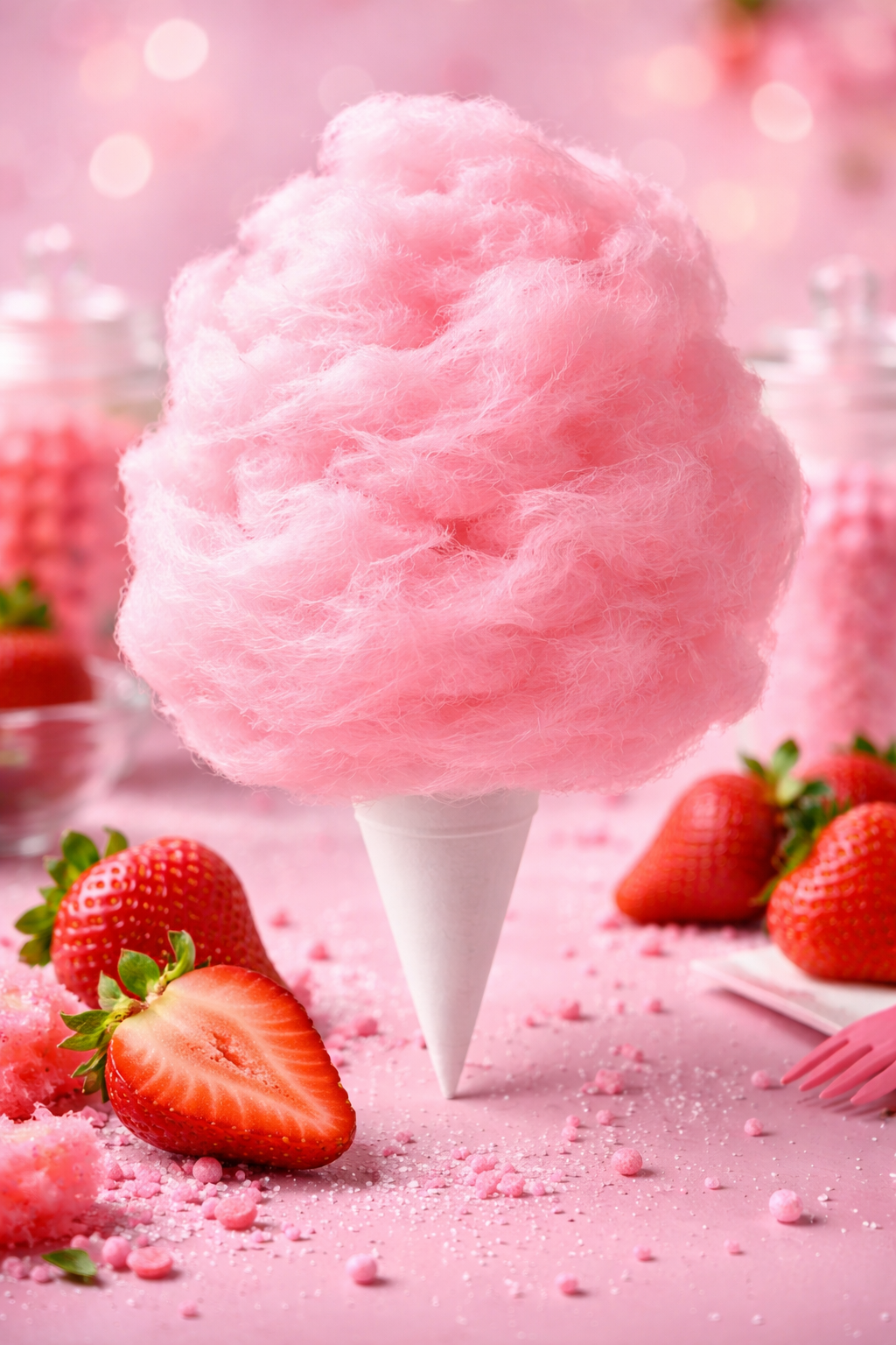 Strawberry cotton candy on a cone with fresh strawberries, styled dessert display for parties and events