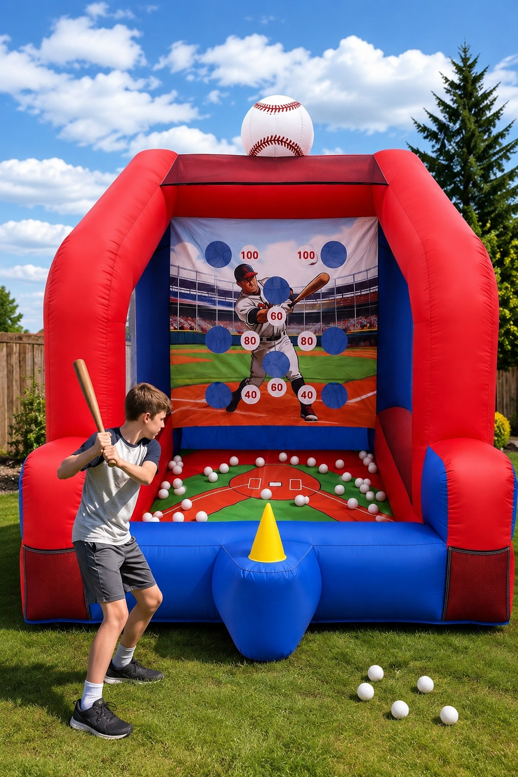 Child swinging a bat at a red and blue inflatable baseball challenge game featuring a baseball-themed target backdrop with scoring zones and soft baseballs, suitable for ages 5 and up