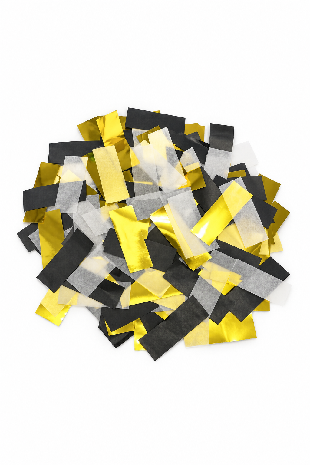 Gold, Silver, Black rectangular tissue paper confetti pieces for confetti machine rentals and event celebrations.