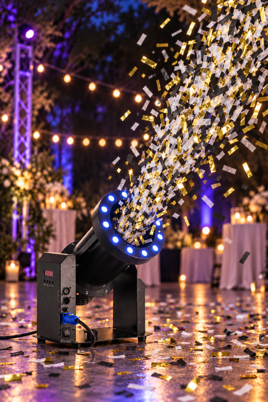 Black confetti cannon with blue LED lights launching gold, black, and white rectangular confetti at an evening event.