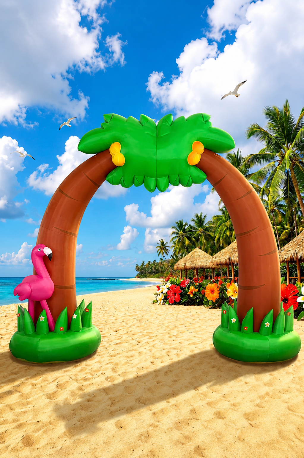 Inflatable tropical palm tree arch with a pink flamingo decoration displayed on a sunny beach backdrop with palm trees, ocean, and tropical flowers.