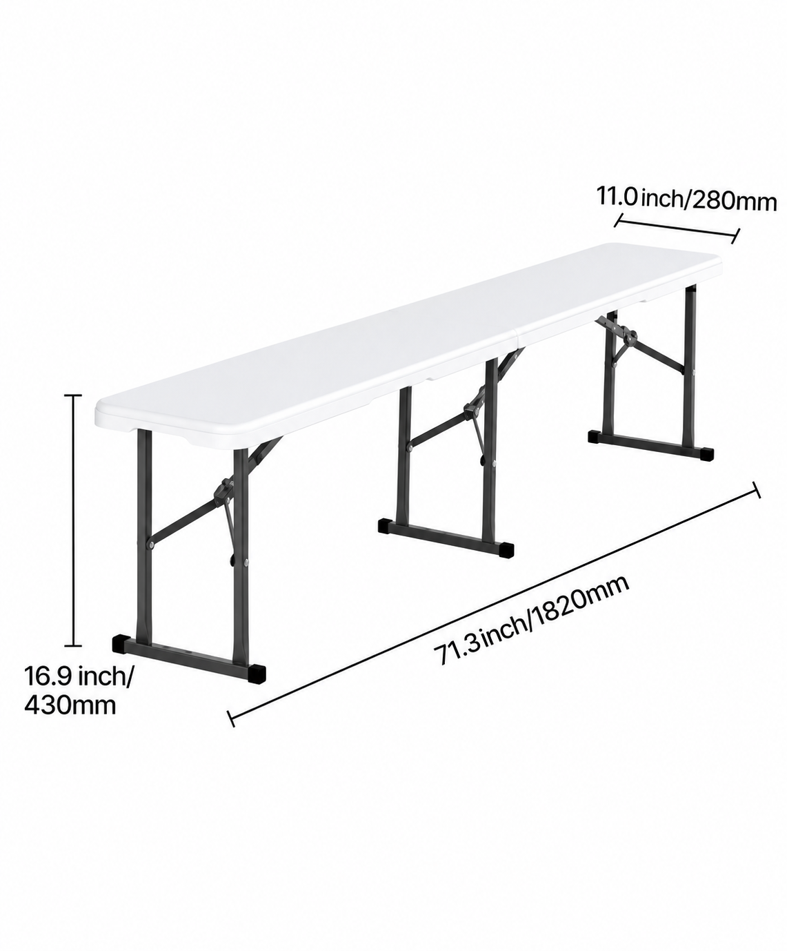 White 6-foot folding bench with black metal legs, measuring 71.3 inches long, 11 inches wide, and 16.9 inches high.