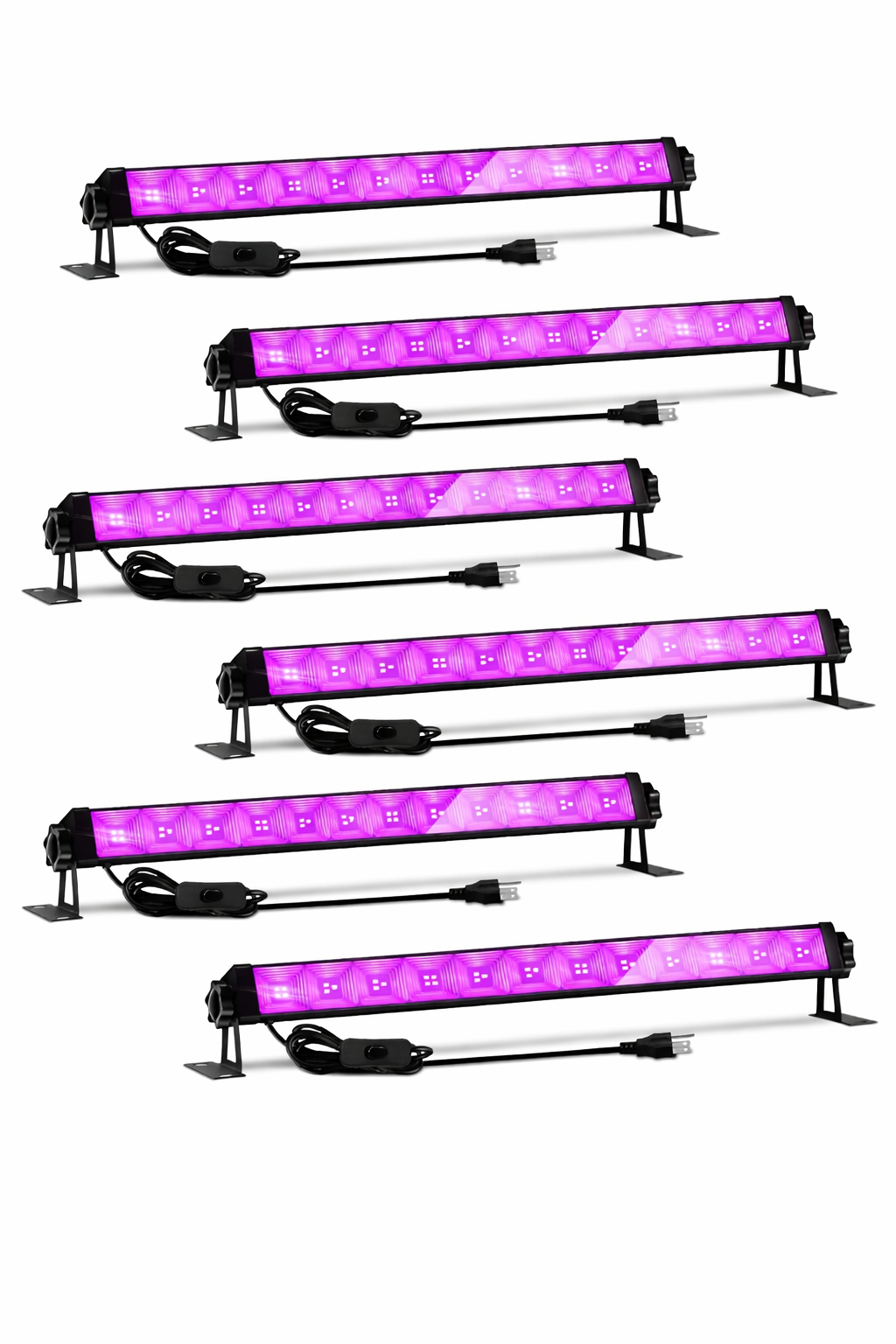 Six purple LED blacklight bar fixtures with mounting brackets and power cords displayed vertically on a plain white background, commonly used for parties, stage lighting, glow events, and DJ setups.