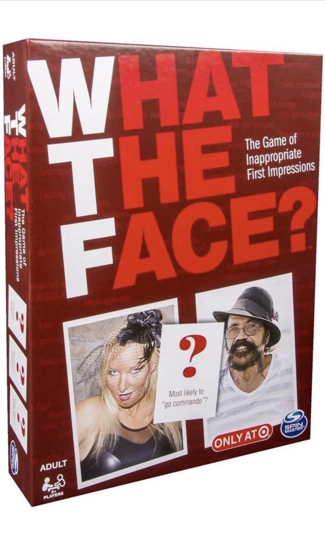 What the Face adult party game box with bold red text and humorous character images
