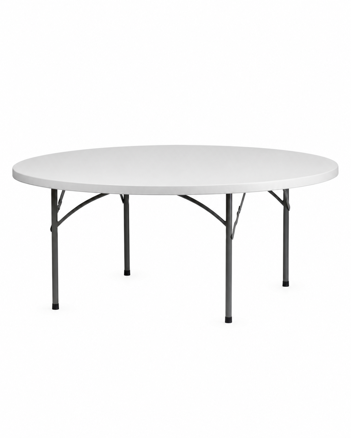 White round folding banquet table with black metal legs on a white background.