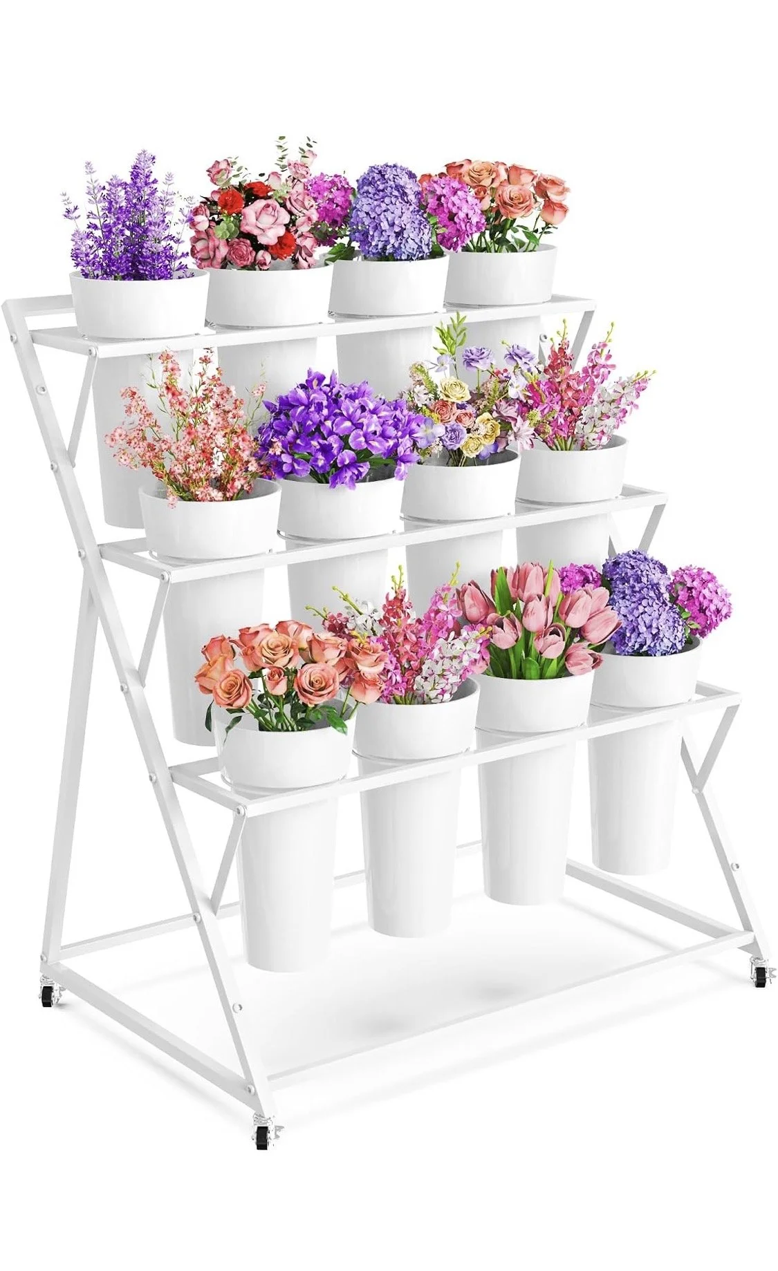 White 3-tier flower display stand rental with 12 buckets for weddings, bridal showers, and flower bar events.