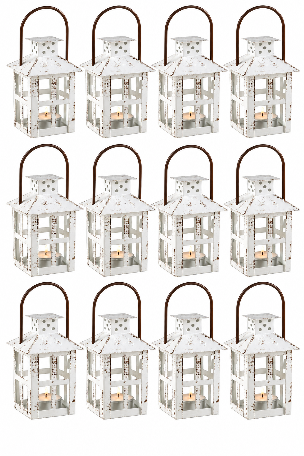Distressed white vintage-style metal lanterns with glass panels, dark handles, and candle holders, perfect for weddings, parties, and event décor.