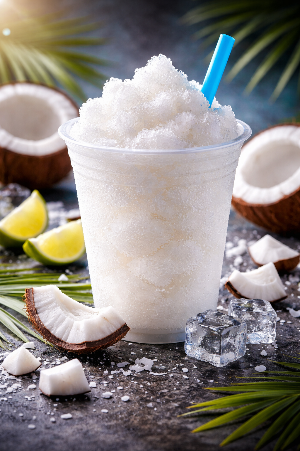 Coconut slushy in a clear plastic cup, filled with frosty white crushed ice and a blue straw, surrounded by fresh coconut pieces, lime wedges, and ice cubes on a tropical-themed background.
