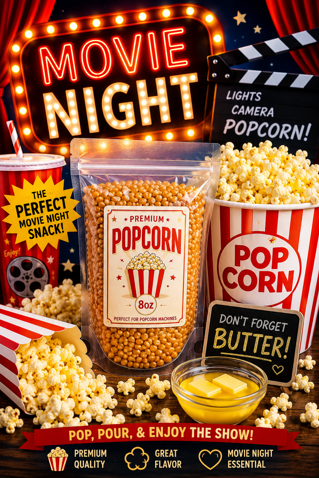 Pre-measured 8 oz movie theater popcorn pack containing premium popcorn kernels, buttery coconut oil, and seasoned salt for use in 8 oz commercial popcorn machines.