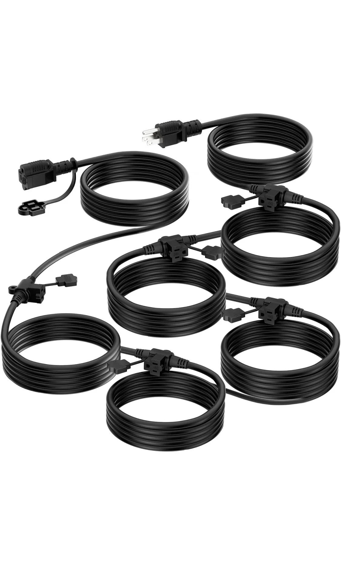 Outdoor waterproof extension cable set with multiple black coiled power cords and connector outlets on a plain white background, designed for string lights, outdoor lighting, and event setups.