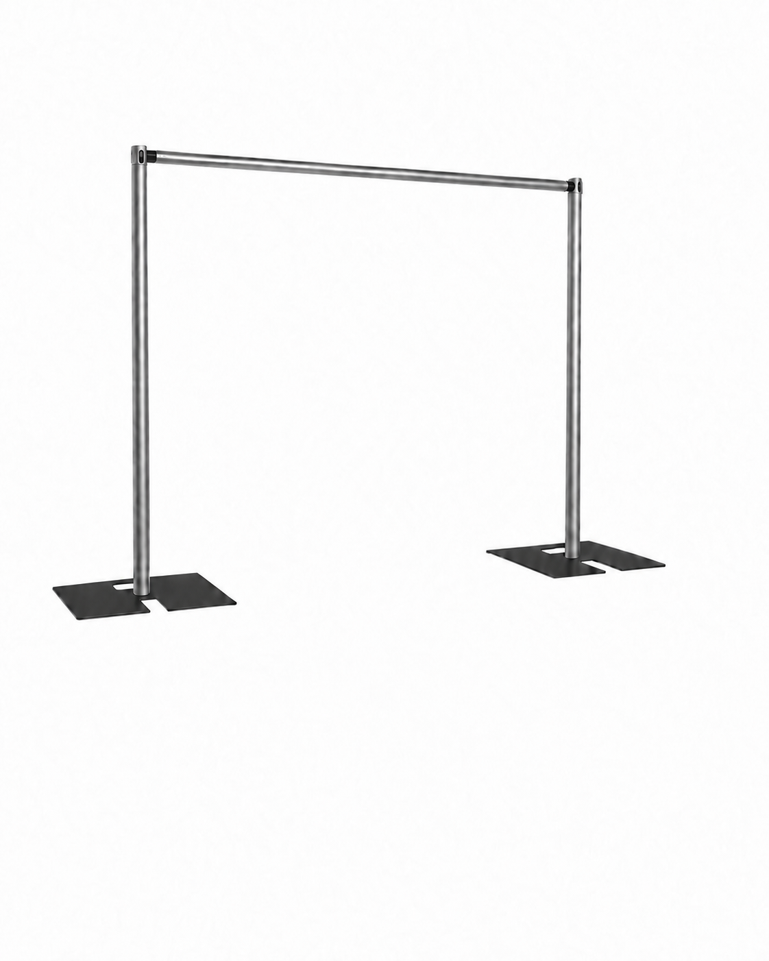 Silver pipe and drape frame with an orange arrow pointing to the flat metal base plate supporting the left upright.