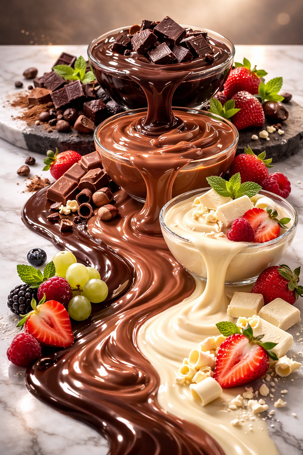 Chocolate fountain dipping chocolate with dark, milk, and white melted chocolate and fresh fruit for events