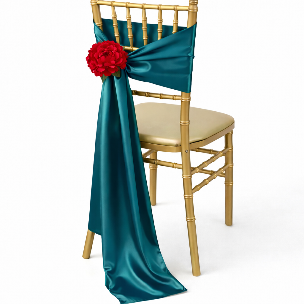 Teal satin chair sash with a red rose accent on a gold Chiavari chair, elegant wedding chair decor rental in Portland Oregon