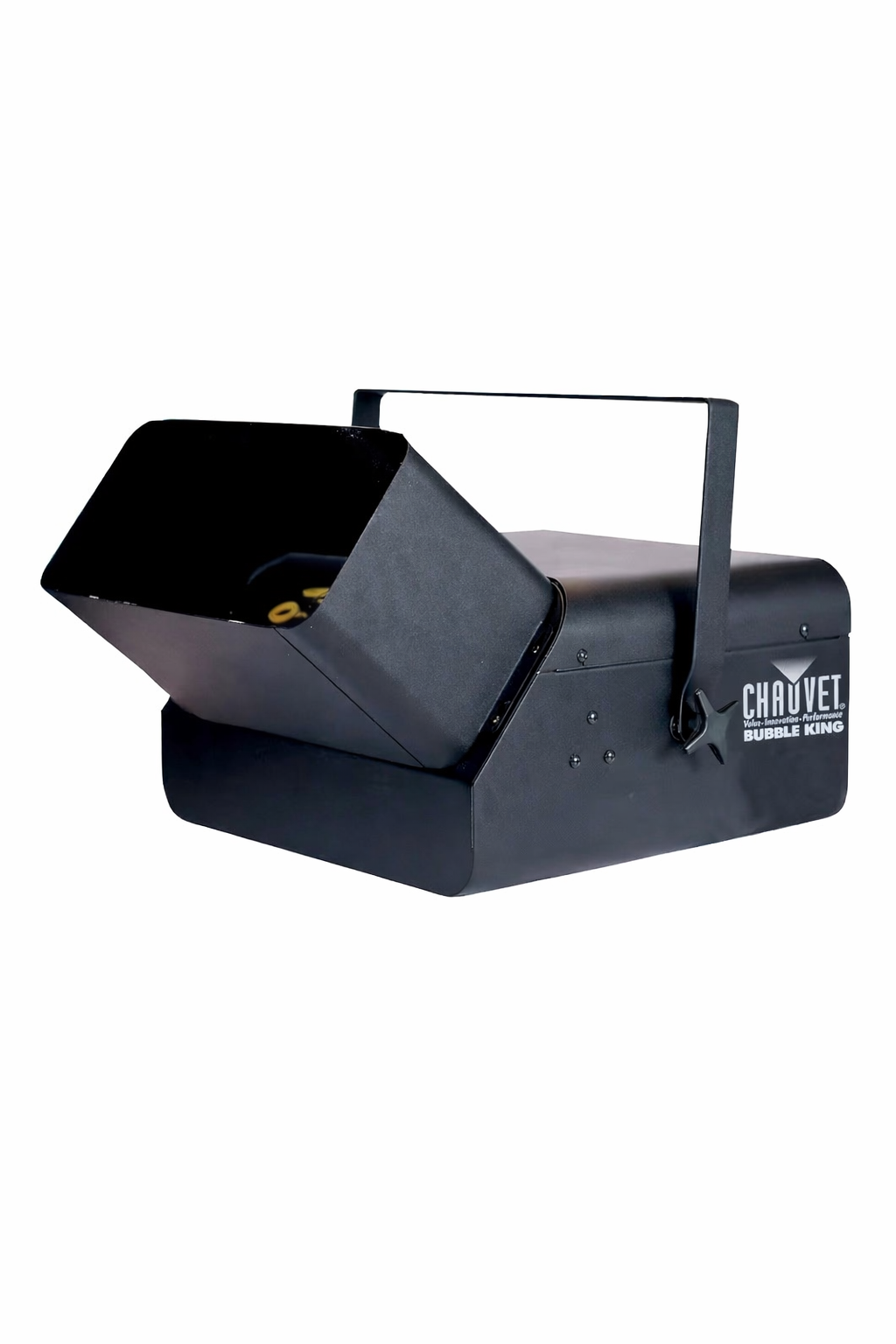 Chauvet Bubble King commercial bubble machine with black metal housing and carrying handle, designed for events and parties, shown on a plain white background.