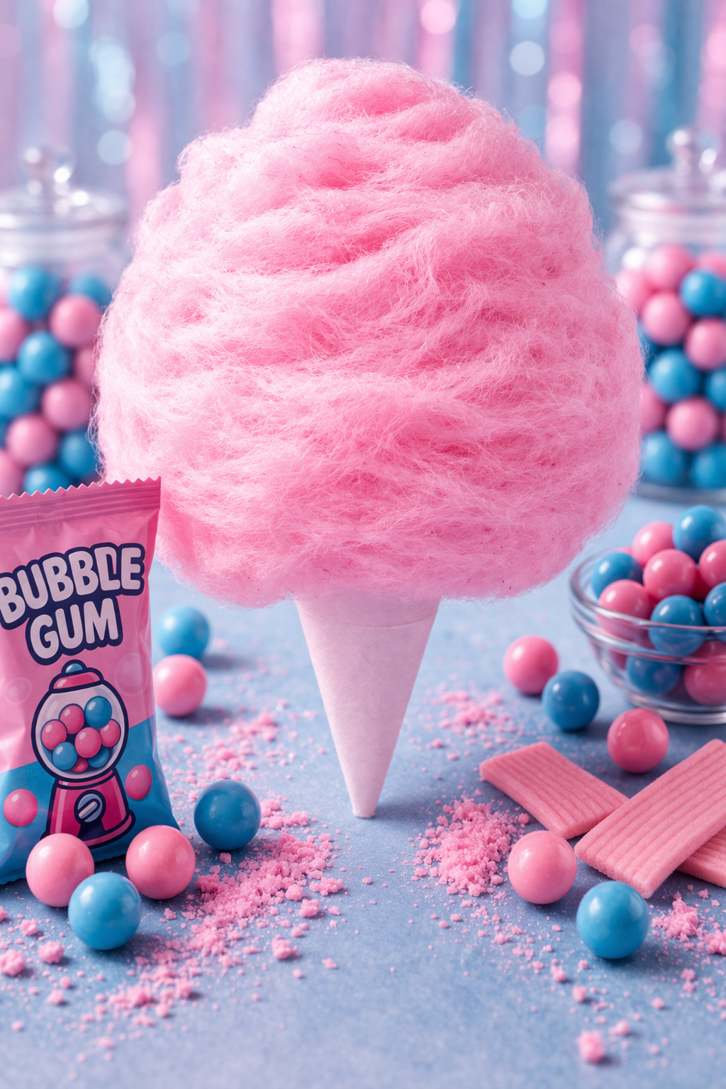 Pink bubble gum cotton candy on a cone with gumballs and candy pieces, fun party treat display