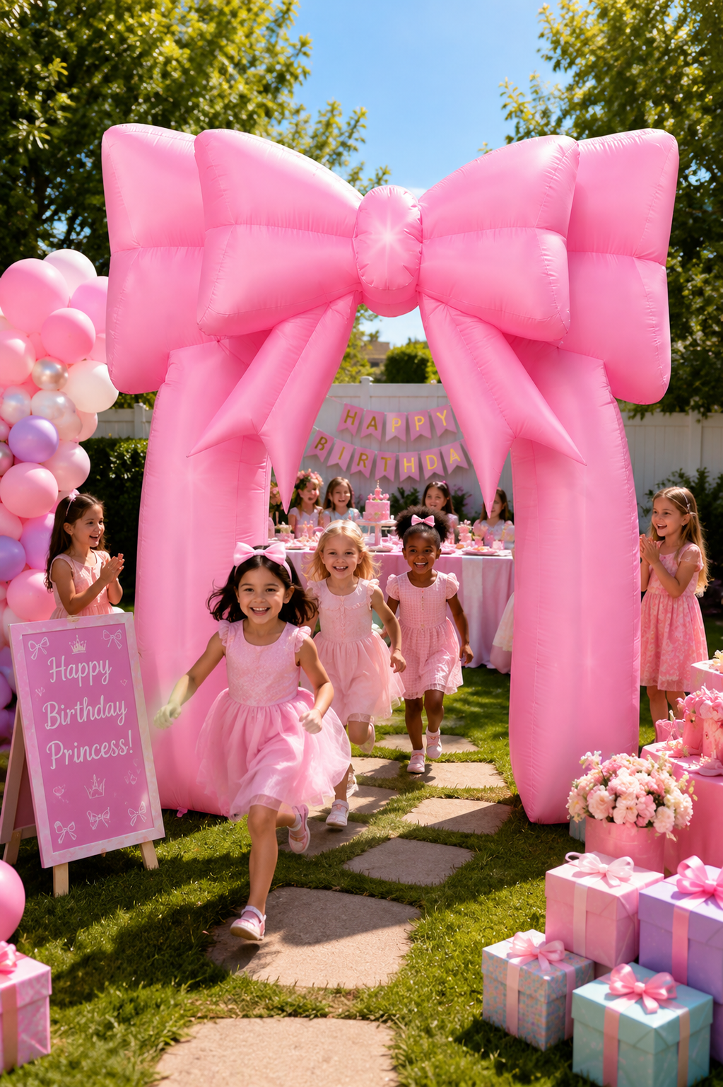 Large pink inflatable bow arch at a princess-themed kids birthday party, with children running underneath, pastel balloon decorations, gift boxes, and a festive dessert table in a sunny backyard.