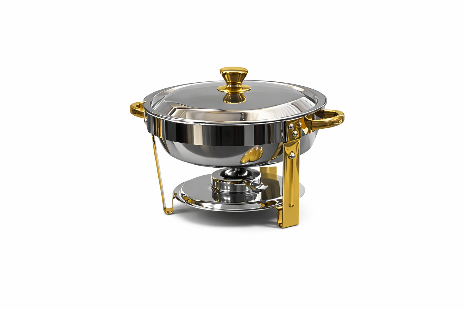 Elegant buffet catering setup featuring four stainless steel chafing dishes with gold accents arranged on a rectangular table with a black spandex table cover, perfect for weddings, parties, banquets, and event catering displays.