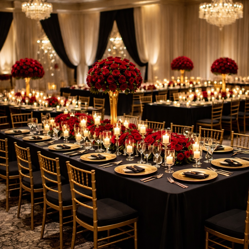 Elegant wedding reception setup with black linens, gold Chiavari chairs, red rose centerpieces, and candlelight decor in Portland Oregon