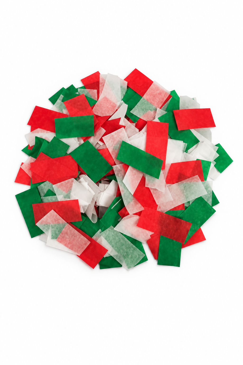 Red, Green, White rectangular tissue paper confetti pieces for confetti machine rentals and event celebrations.