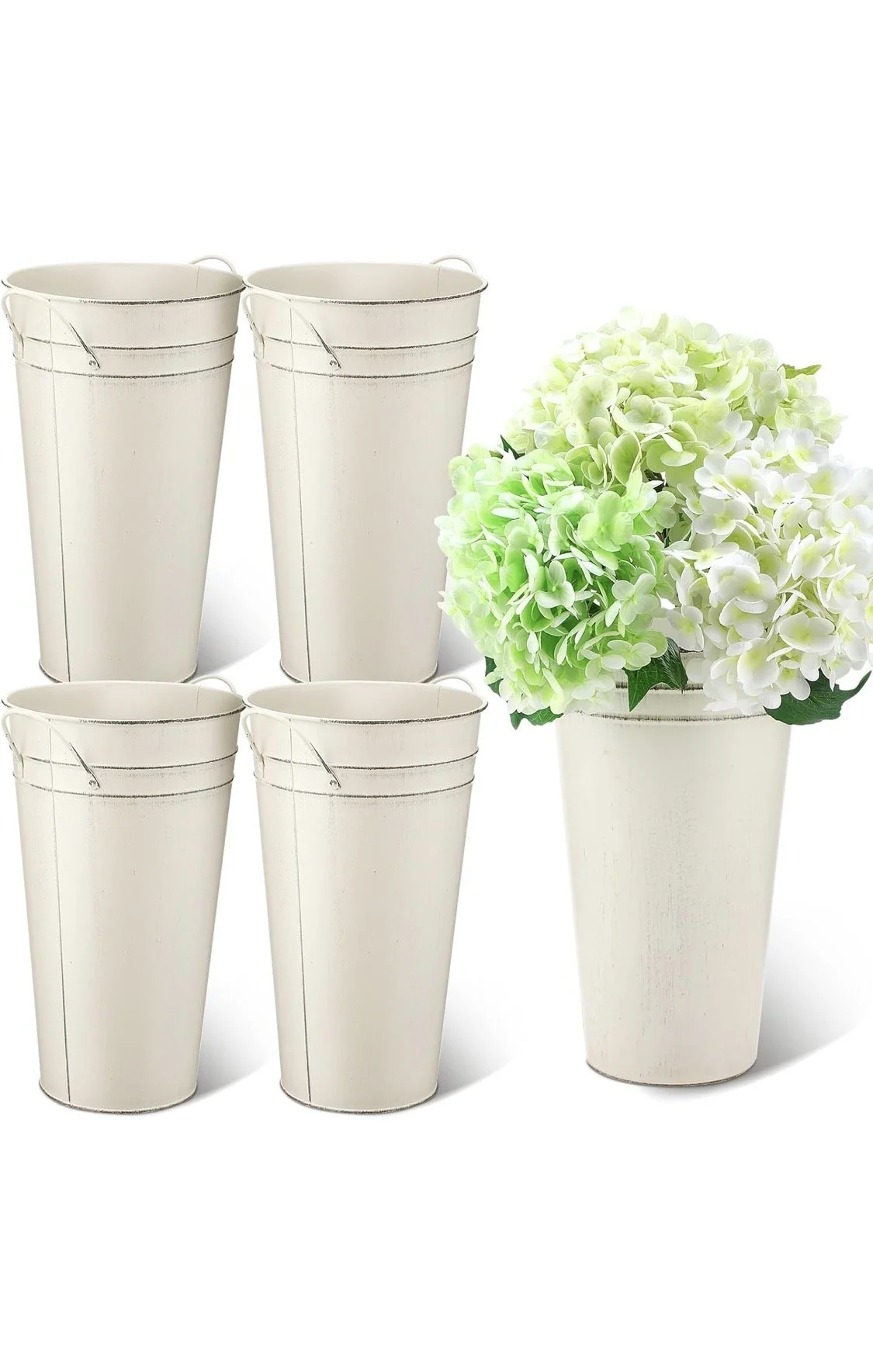Set of white galvanized metal flower buckets with handles, perfect for floral arrangements, wedding decor, flower bars, and event centerpieces.