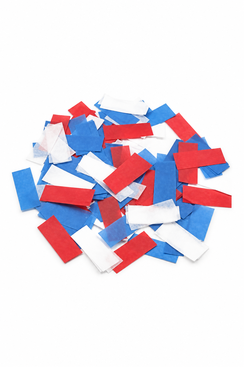 Red, Blue, White rectangular tissue paper confetti pieces for confetti machine rentals and event celebrations.