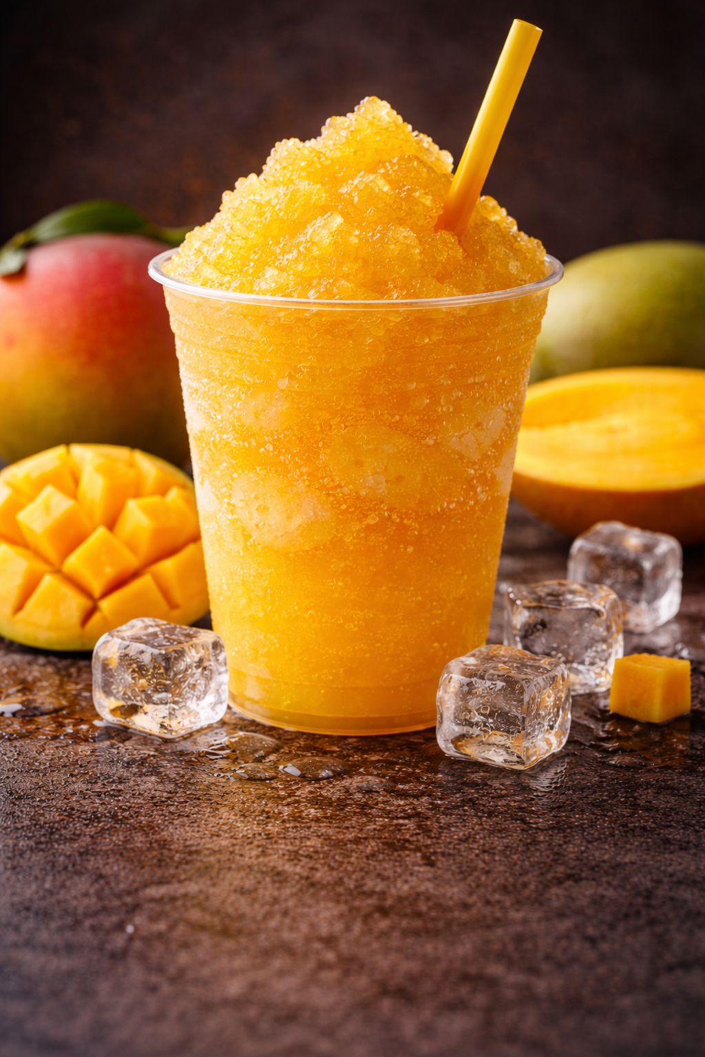 Bright yellow-orange mango slushy in a clear plastic cup filled with crushed ice, topped with a yellow straw, surrounded by fresh mango pieces and ice cubes on a dark surface in a portrait-style image.
