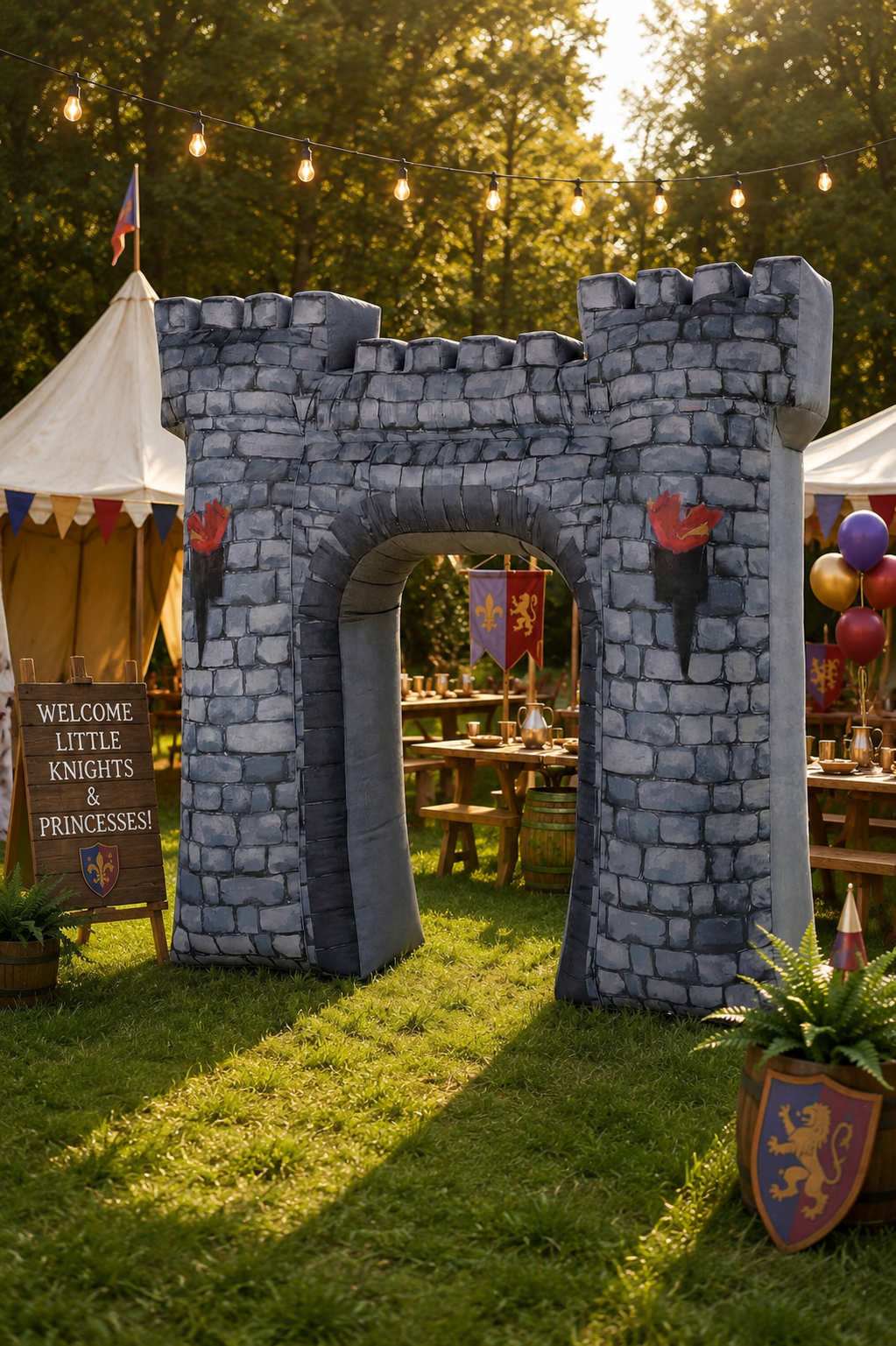 Inflatable gray stone castle entrance arch displayed at a medieval-themed outdoor party with tents, rustic banquet tables, banners, and festive décor, creating a grand entrance for knights and princess-themed celebrations.