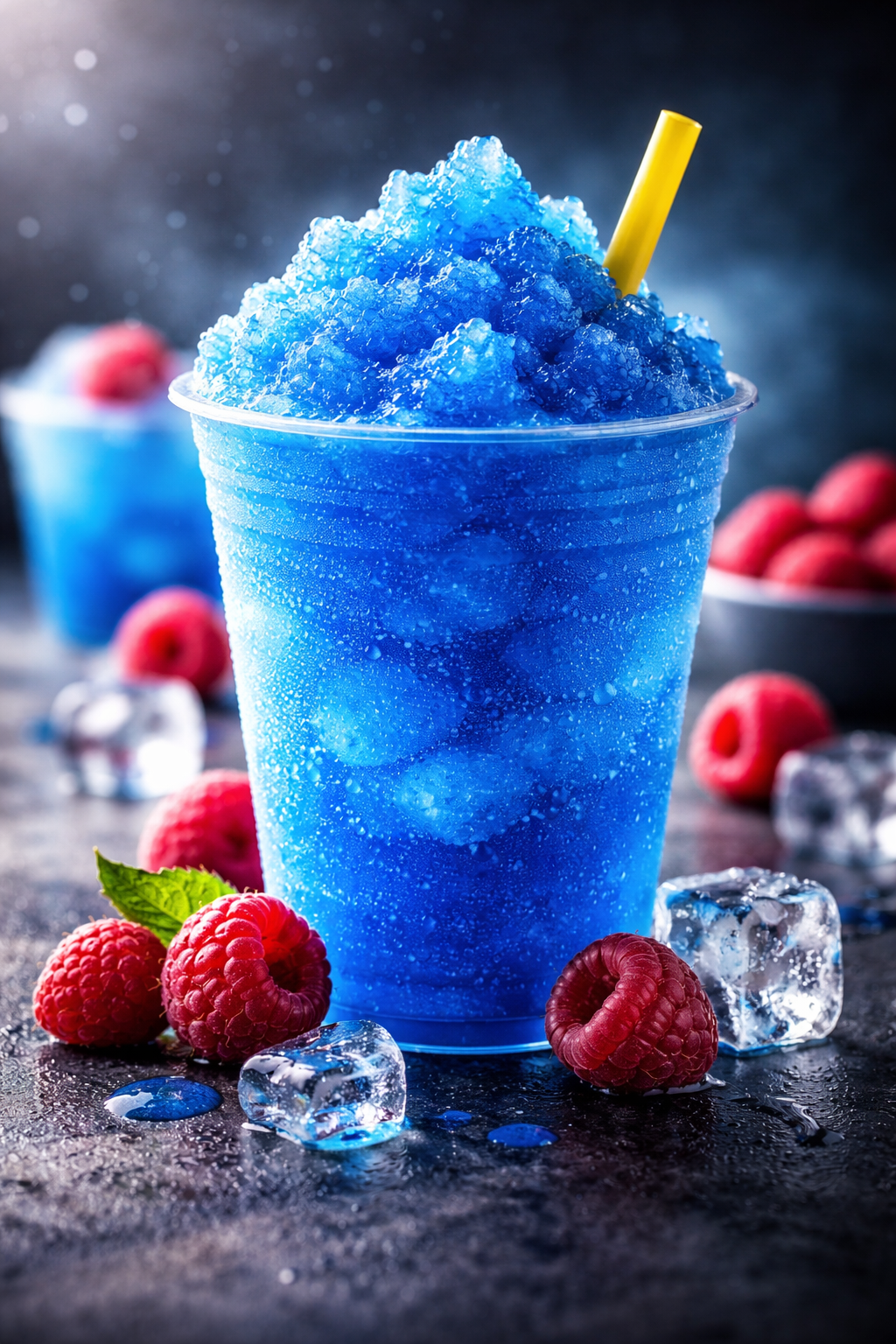 Blue raspberry slushy in a clear plastic cup, piled high with crushed ice and a yellow straw, surrounded by fresh raspberries and ice cubes on a dark, moody background.