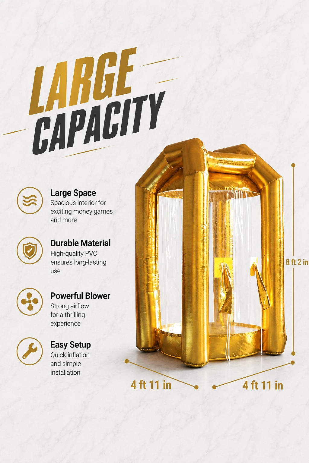 Gold inflatable Cash Cube money-grab booth with clear panels and flying dollar bills on a white background.