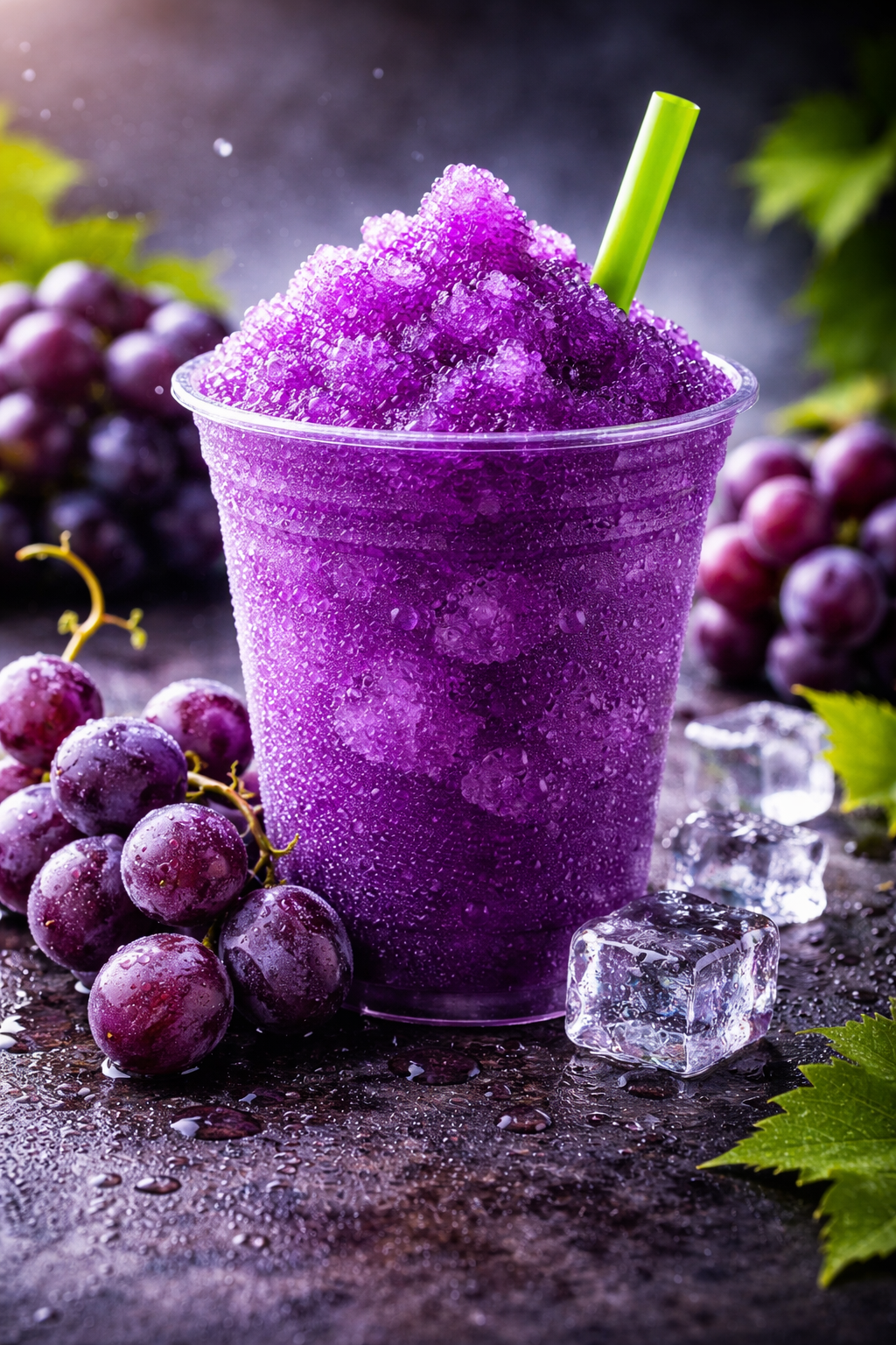 Grape slushy in a clear plastic cup, filled with vibrant purple crushed ice and a green straw, surrounded by fresh grapes and ice cubes on a dark, moody background.
