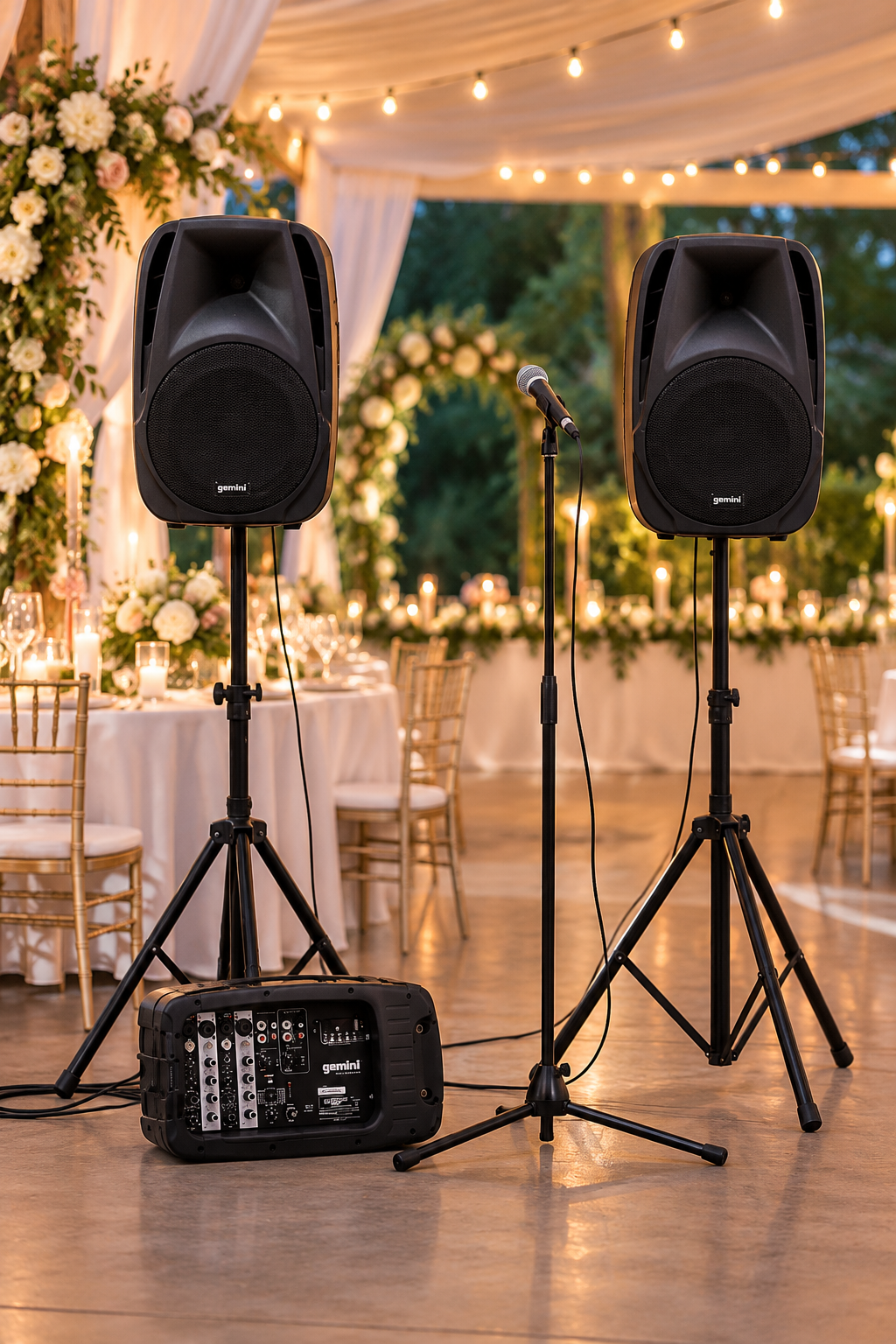 Gemini PA system with two speakers on stands, mixer, and microphone set up at an elegant wedding reception with floral décor and warm lighting.