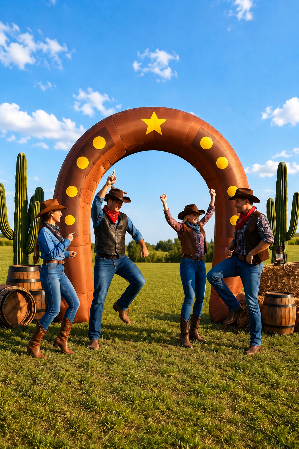 Four adults dressed as cowboys and cowgirls dance beneath a large inflatable Western-themed arch with cactus decorations, barrels, and hay bales in an open grassy field under a bright blue sky.