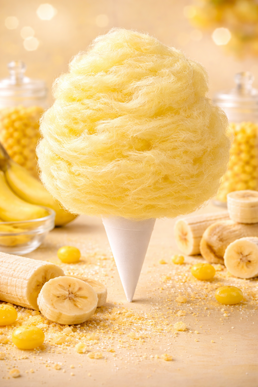 Banana cotton candy on a cone with sliced bananas and yellow candy, sweet and creamy themed display