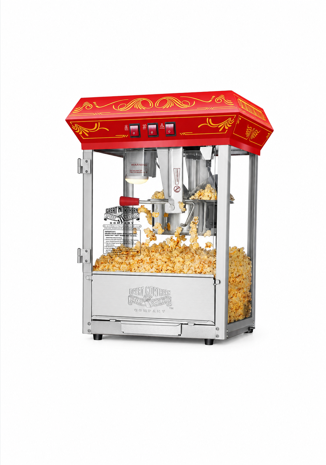 Commercial 8 oz popcorn machine with a red theater-style top, stainless steel frame, tempered glass panels, and fresh popcorn inside, ideal for event rentals