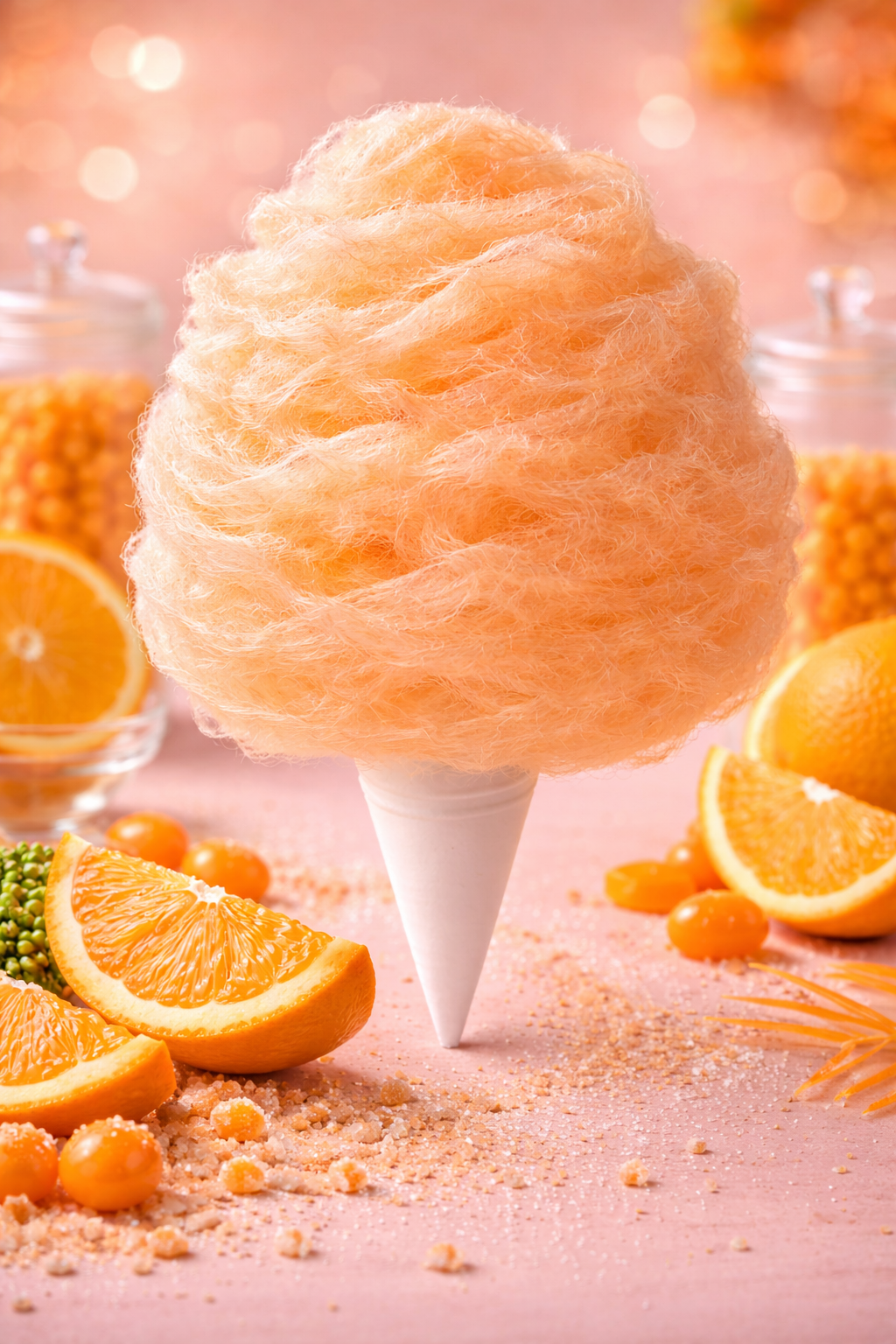 Orange cotton candy on a cone with fresh orange slices and citrus candy, bright citrus dessert display