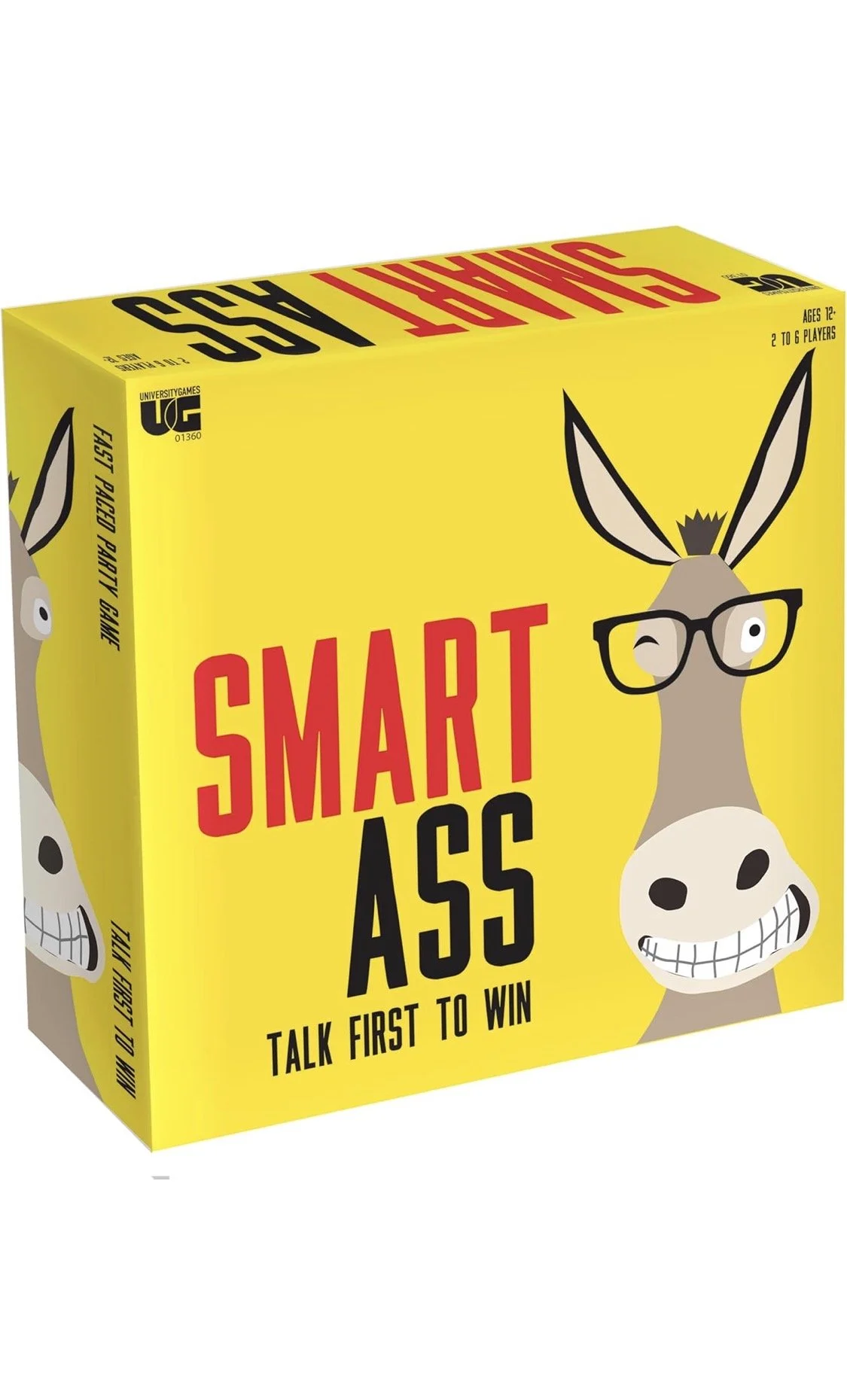 Smart Ass trivia board game with bold yellow box and donkey illustration