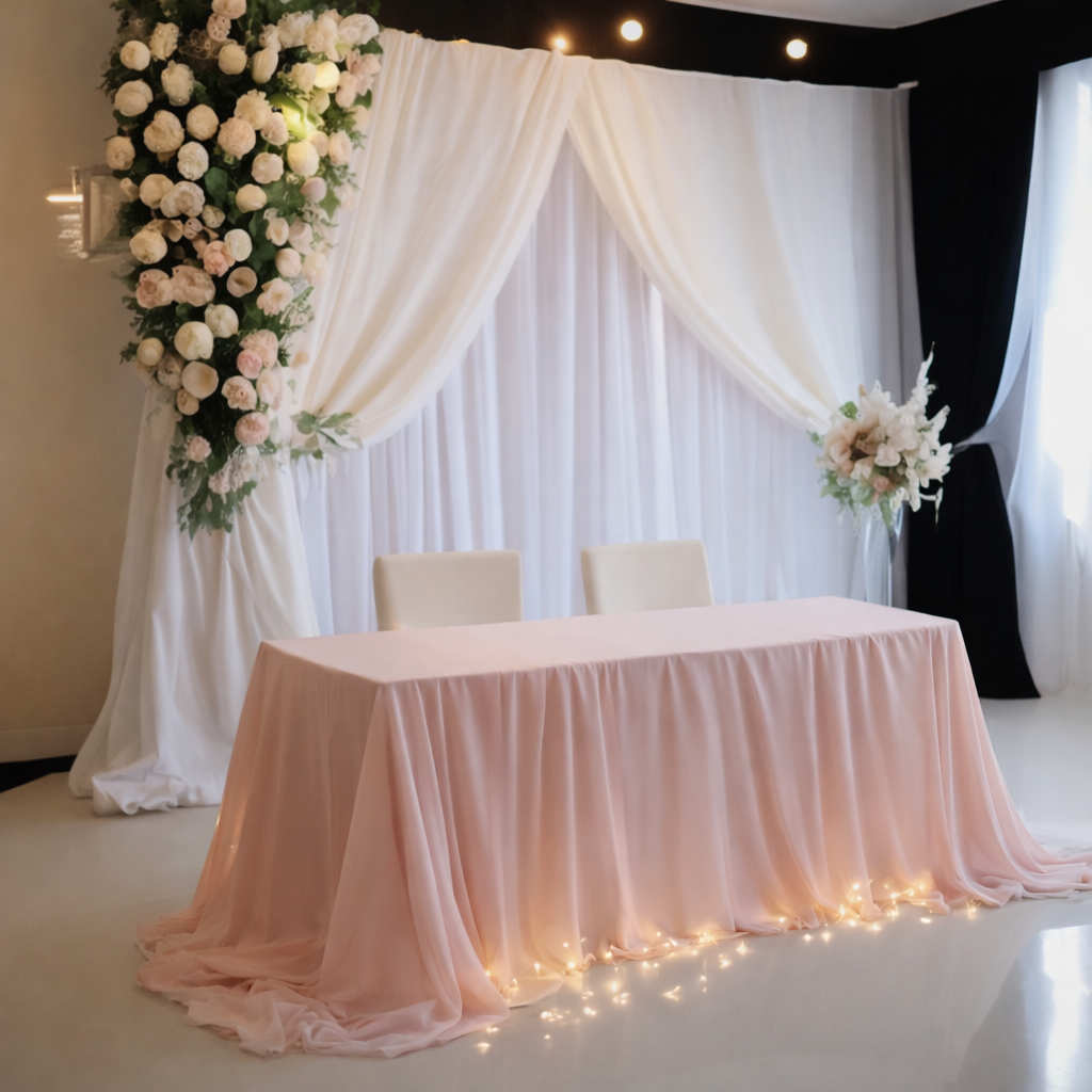 Blush pink sweetheart table with soft draping, white backdrop with floral arch, and warm string lights for romantic wedding reception decor
