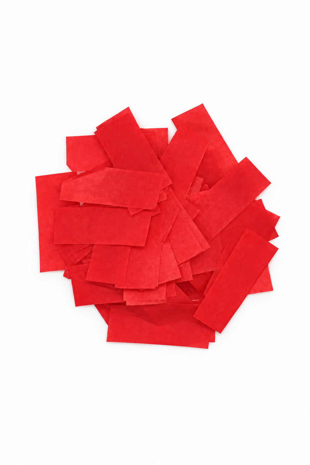 Red rectangular tissue paper confetti pieces for confetti machine rentals and event celebrations.