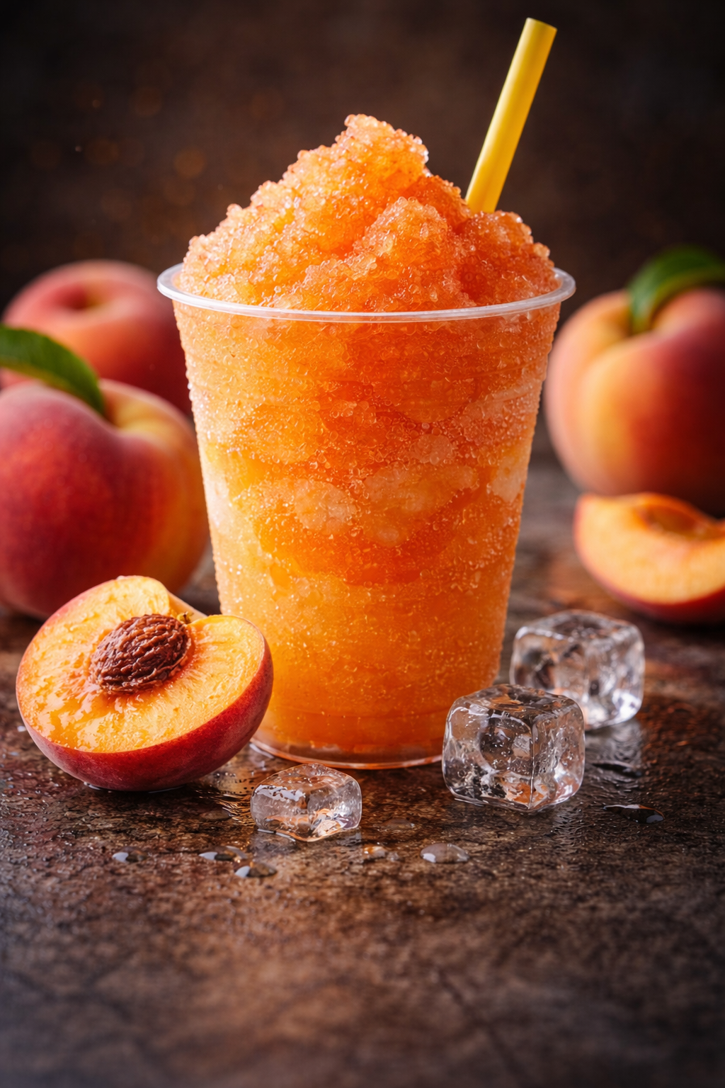 Bright peach-colored slushy in a clear plastic cup filled with crushed ice, topped with a yellow straw, surrounded by fresh peaches and ice cubes on a rustic surface in a portrait-style image