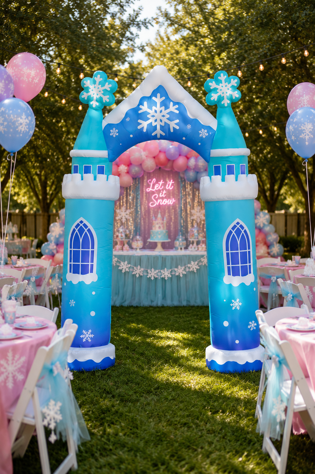 Blue and white inflatable snow castle arch displayed at a winter-themed girls’ birthday party with pastel balloon décor, pink tables, white chairs, string lights, and a Frozen-inspired dessert backdrop.