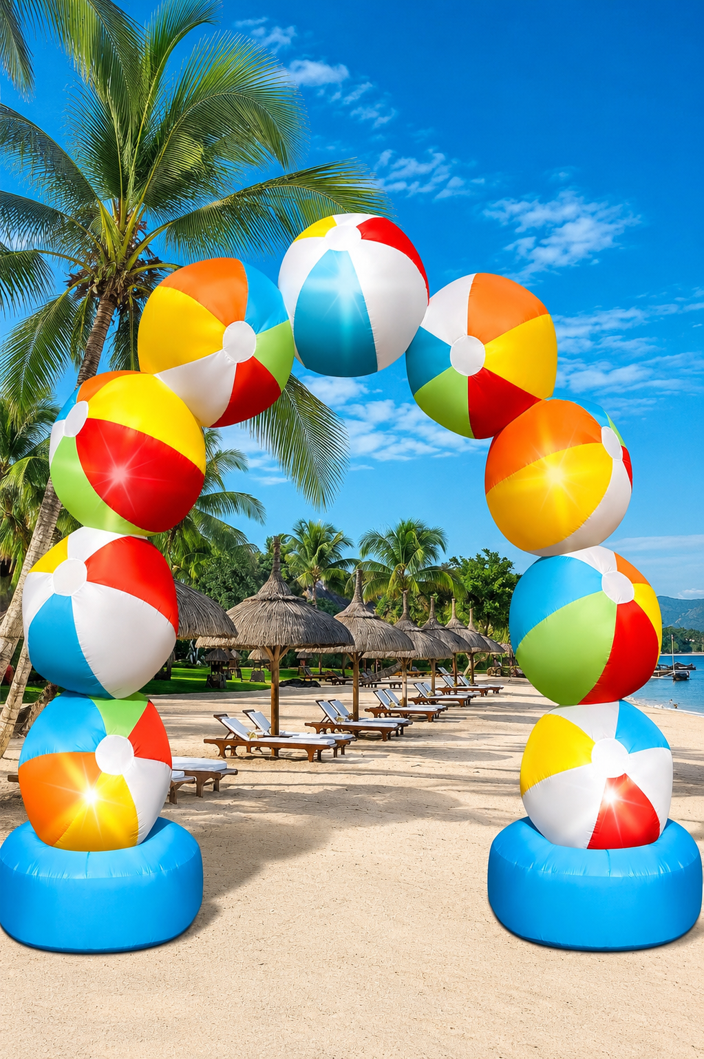 Colorful inflatable arch made of oversized beach balls displayed on a tropical beach with palm trees, lounge chairs, and a bright blue sky, perfect for summer parties, pool events, and beach-themed celebrations.