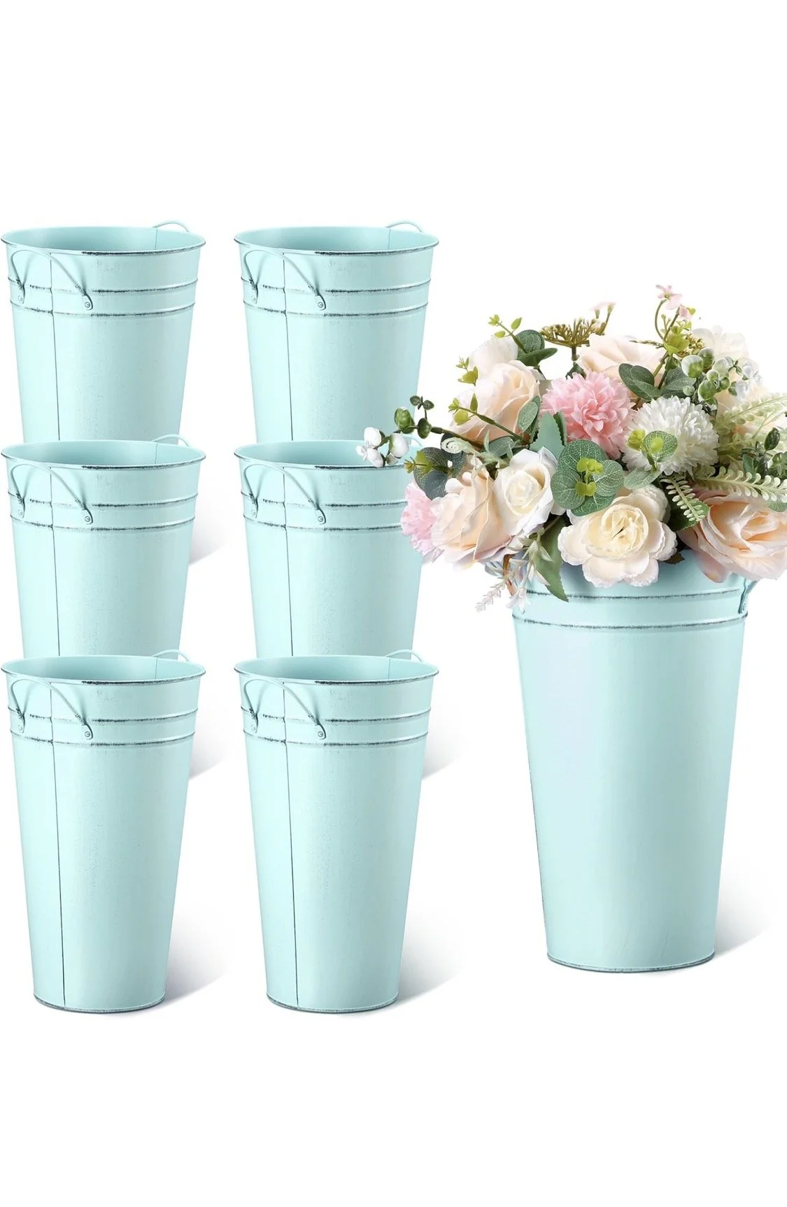 Set of ice blue galvanized metal flower buckets with handles, perfect for floral arrangements, wedding decor, flower bars, and event centerpieces.