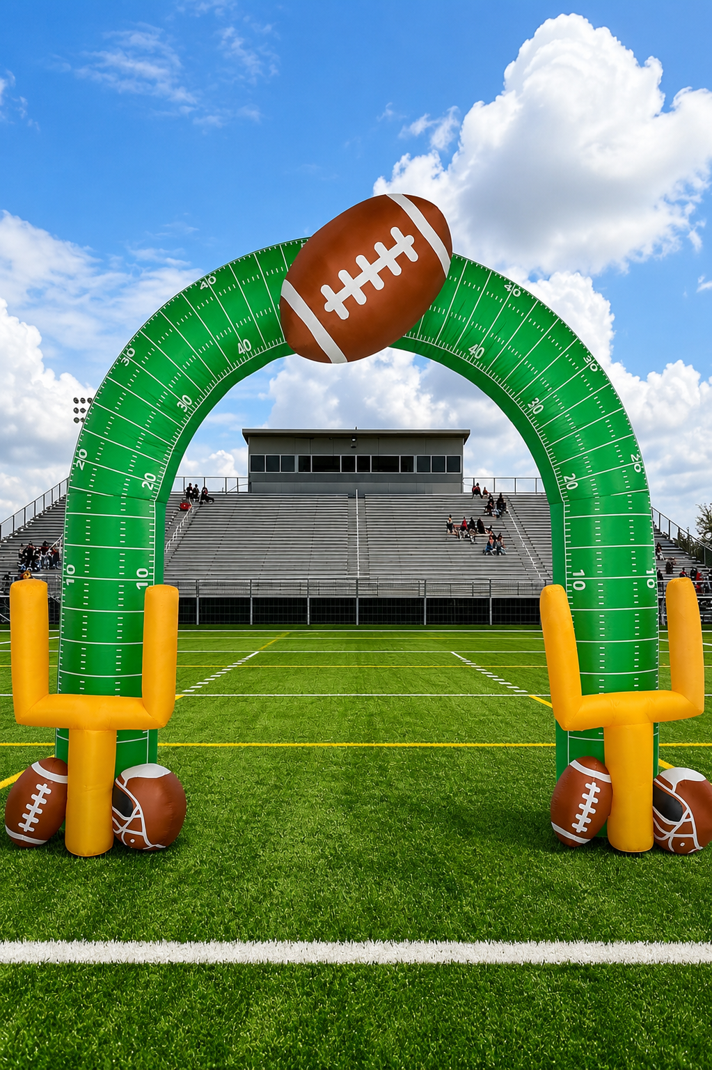 Inflatable football-themed arch featuring a green football field design, oversized football, yellow goalposts, and football accents, displayed on a stadium field for sports events, tailgates, and football-themed parties.