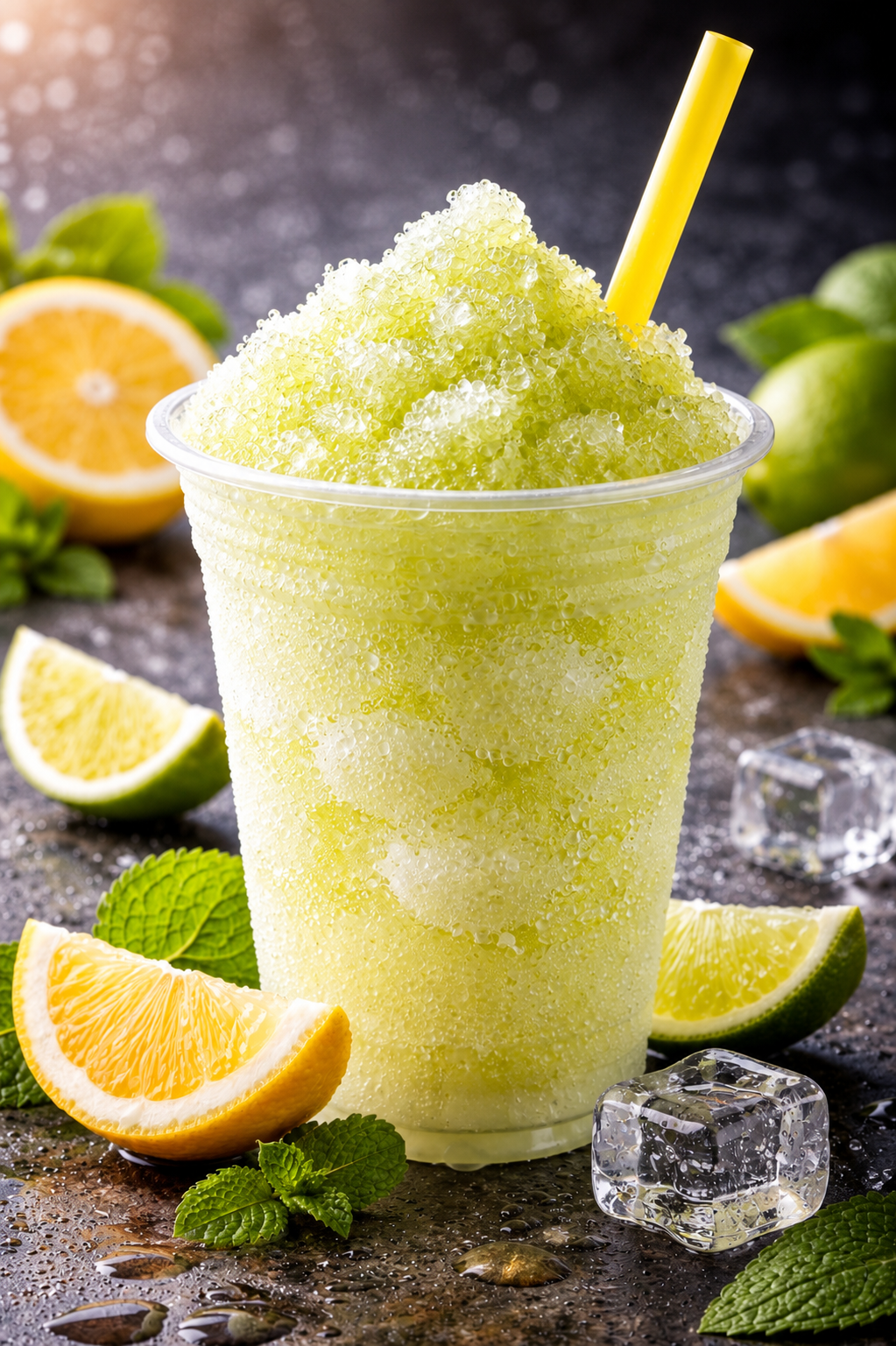 lemon lime slushy in a clear plastic cup, filled with vibrant green yellow crushed ice and a green straw, surrounded by fresh lemons and limes and ice cubes on a dark, moody background.