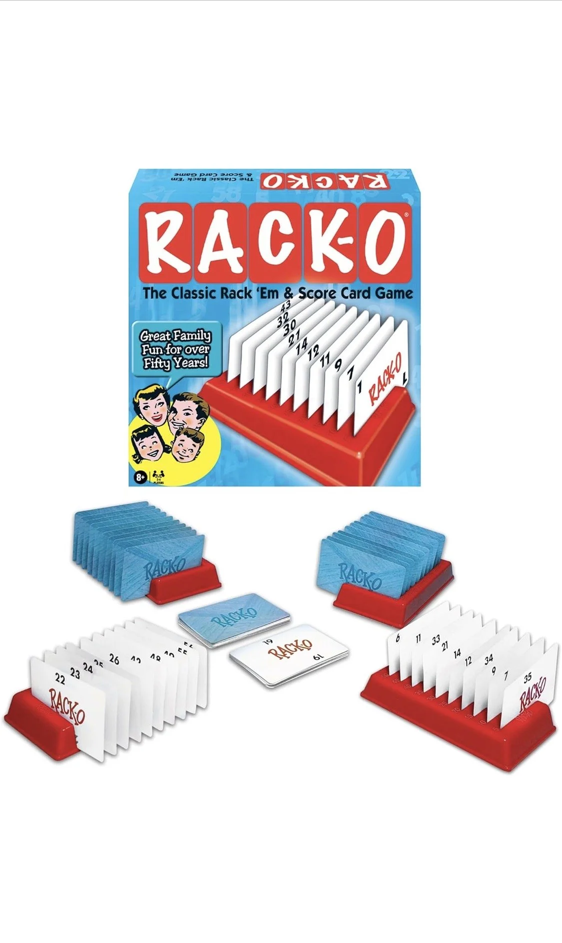 Rack-O classic card game with numbered tiles and rack holders for sequencing play