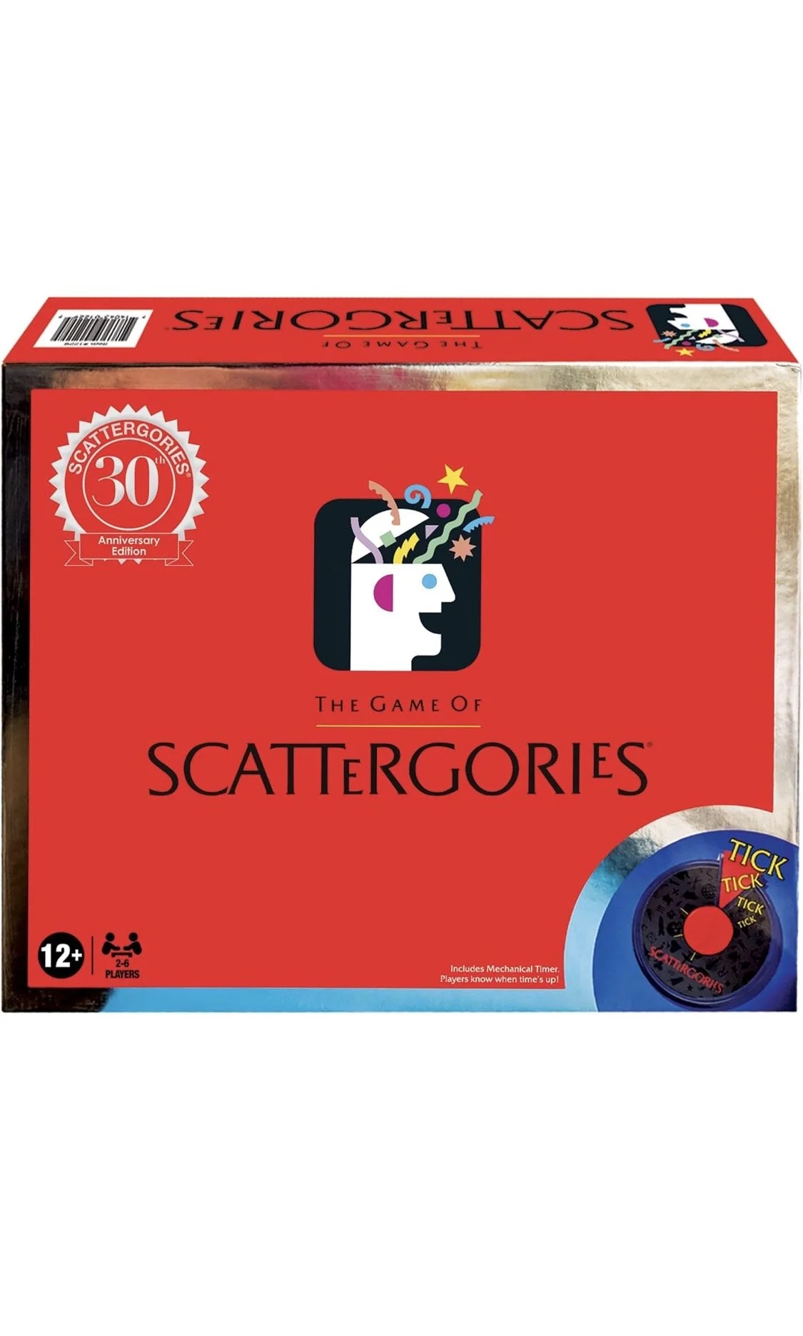 Scattergories 30th Anniversary Edition board game box with red background and logo