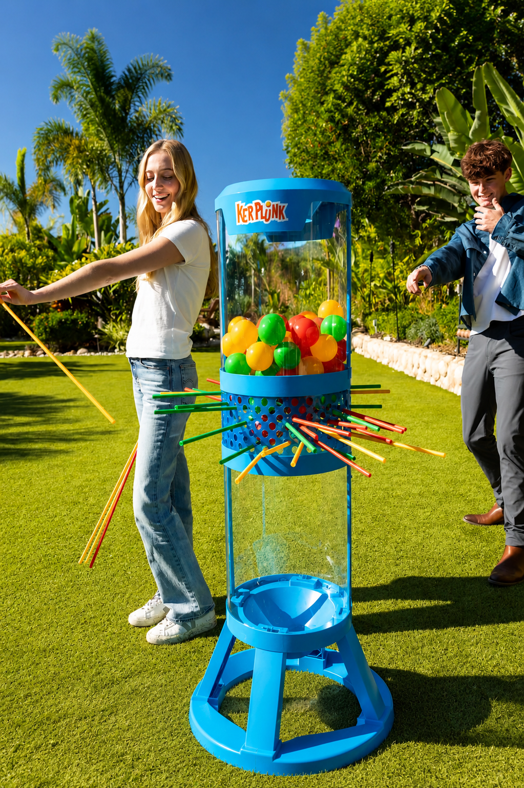 Guests playing a jumbo KerPlunk game outdoors with oversized colorful sticks and balls at a sunny party event.