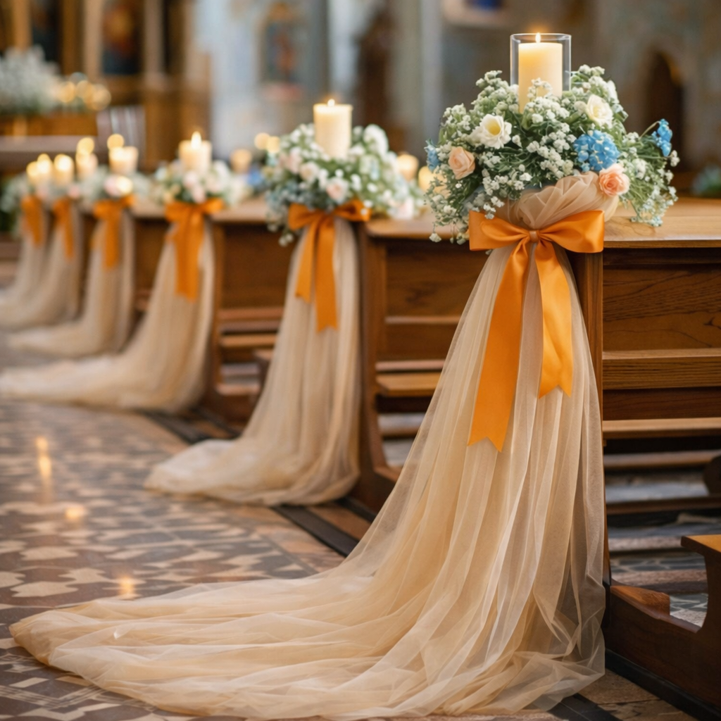 Wedding aisle pew décor with tan tulle draping and orange taffeta ribbon bows, featuring candle and floral arrangements in a church setting.